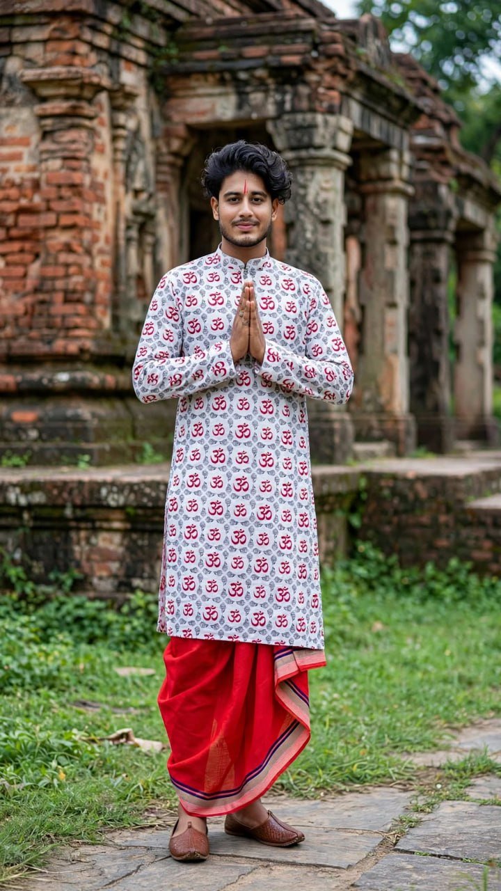 পূজা লাল-সাদা প্রিমিয়াম আড়ং কটন পাঞ্জাবি