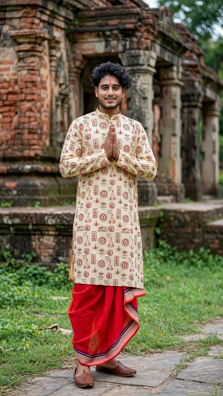 পূজা লাল-সাদা প্রিমিয়াম আড়ং কটন পাঞ্জাবি