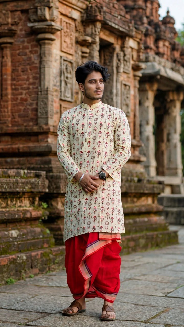 পূজা লাল-সাদা প্রিমিয়াম আড়ং কটন পাঞ্জাবি